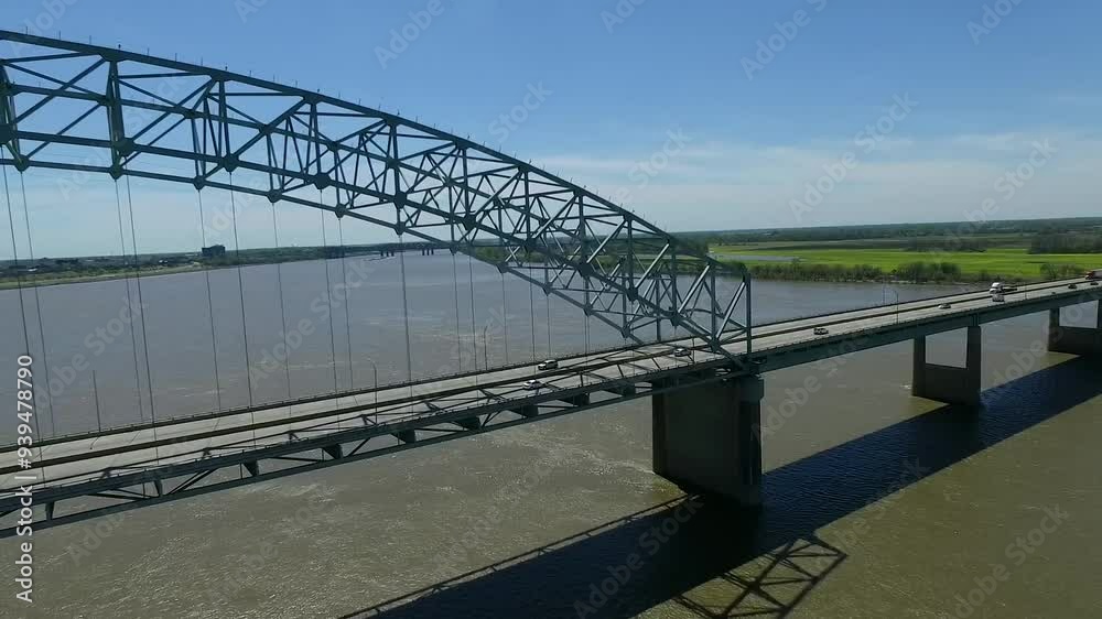 Hernando de Soto Bridge in Memphis Mississippi River, Trafic in Background. Arkansas and Tennessee Line. Drone