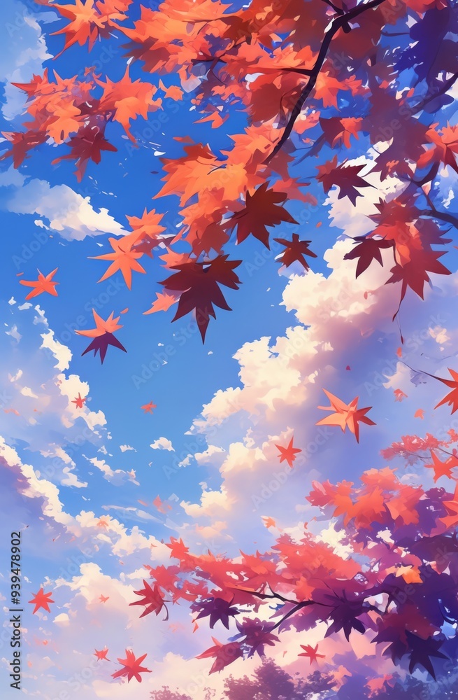 Anime Background with Blue Sky, White Clouds, and Red Maple Leaves Anime Background with Blue Sky, White Clouds, and Red Maple Leaves