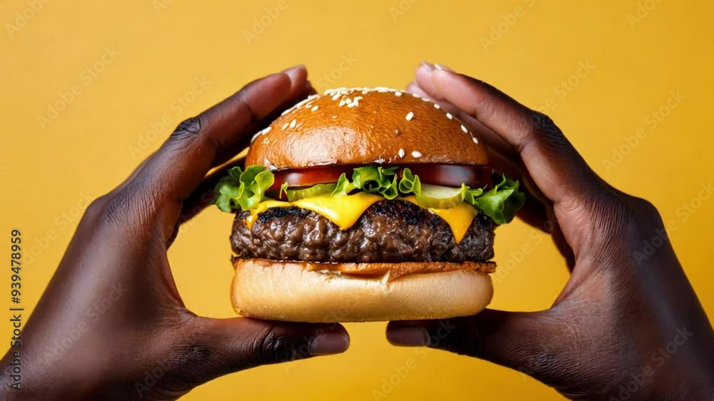 Video of Hands Showcasing a Delicious Hamburger, Highlighting the Juicy Patty, Fresh Ingredients, and Tasty Toppings, Perfect for Promoting Gourmet Burgers, Restaurant Menus, and Culinary Delights Video of Hands Showcasing a Delicious Hamburger, Highlighting the Juicy Patty, Fresh Ingredients, and Tasty Toppings, Perfect for Promoting Gourmet Burgers, Restaurant Menus, and Culinary Delights