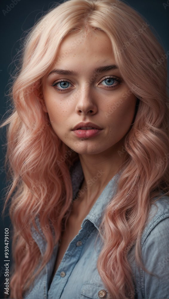 Ethereal Young woman Beauty: Pink-Haired Female Model's Striking Fashion Portrait Ethereal Young woman Beauty: Pink-Haired Female Model's Striking Fashion Portrait