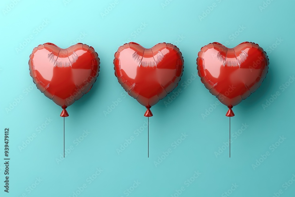 Three Red Heart-Shaped Balloons on a Turquoise Background Three Red Heart-Shaped Balloons on a Turquoise Background