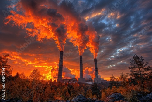 Three Industrial Chimneys Emitting Smoke Against a Dramatic Sunset Sky