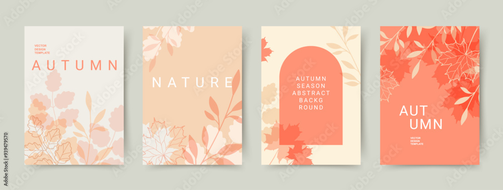Set of abstract autumn Backgrounds in pastel colors. Poster or cover on the Fall season. Editable vector templates with leaves pattern for banner, advertising, web, social media, card, Sale Set of abstract autumn Backgrounds in pastel colors. Poster or cover on the Fall season. Editable vector templates with leaves pattern for banner, advertising, web, social media, card, Sale