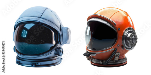 Two astronaut helmets isolated on transparent background. Cosmonaut space universe exploration spacesuit costume uniform, galaxy travel adventure, astronomy, discovery, protection photo