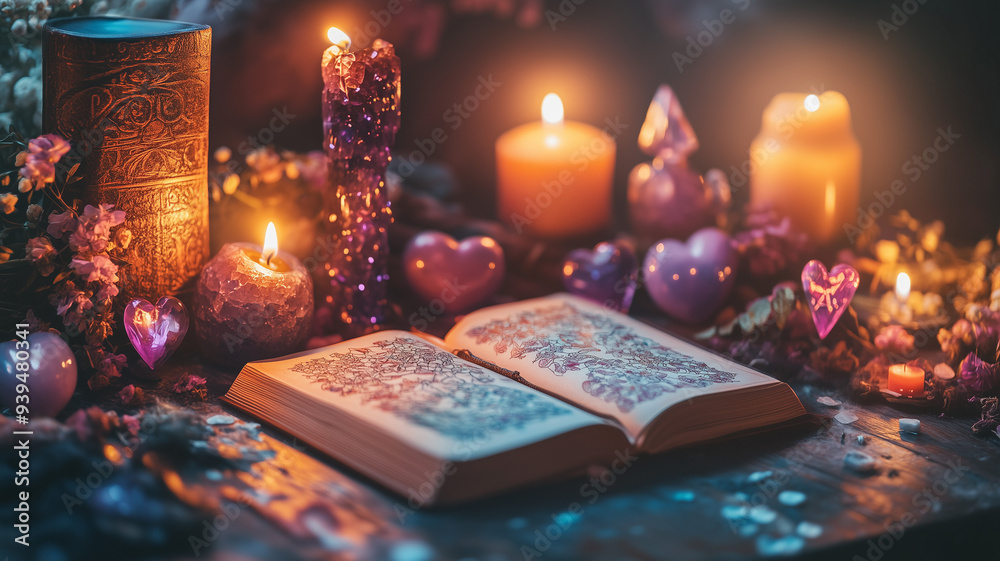 A mystical love altar with heart-shaped candles, crystals, and a spellbook, creating an enchanting atmosphere. Ai generated