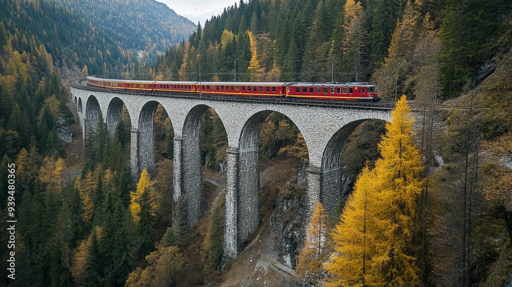 Train crossing Landwasser Viaduct on raethian railway in Filisur â ...