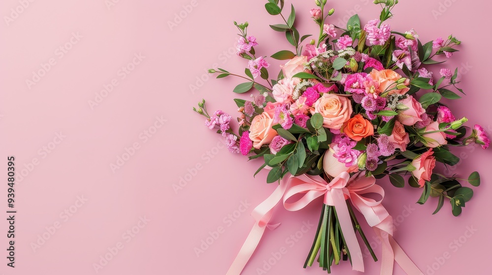 Obraz premium Delicate Floral Bouquet on Pastel Pink Background with Copy Space