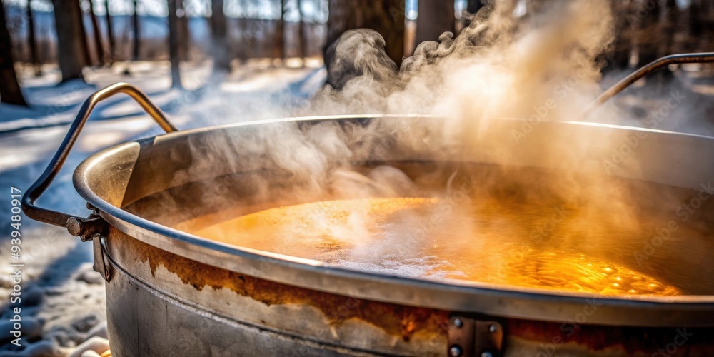 A close-up of boiling maple sap in a large cauldron , maple syrup, boiling, sap, cauldron, process, traditional A close-up of boiling maple sap in a large cauldron , maple syrup, boiling, sap, cauldron, process, traditional