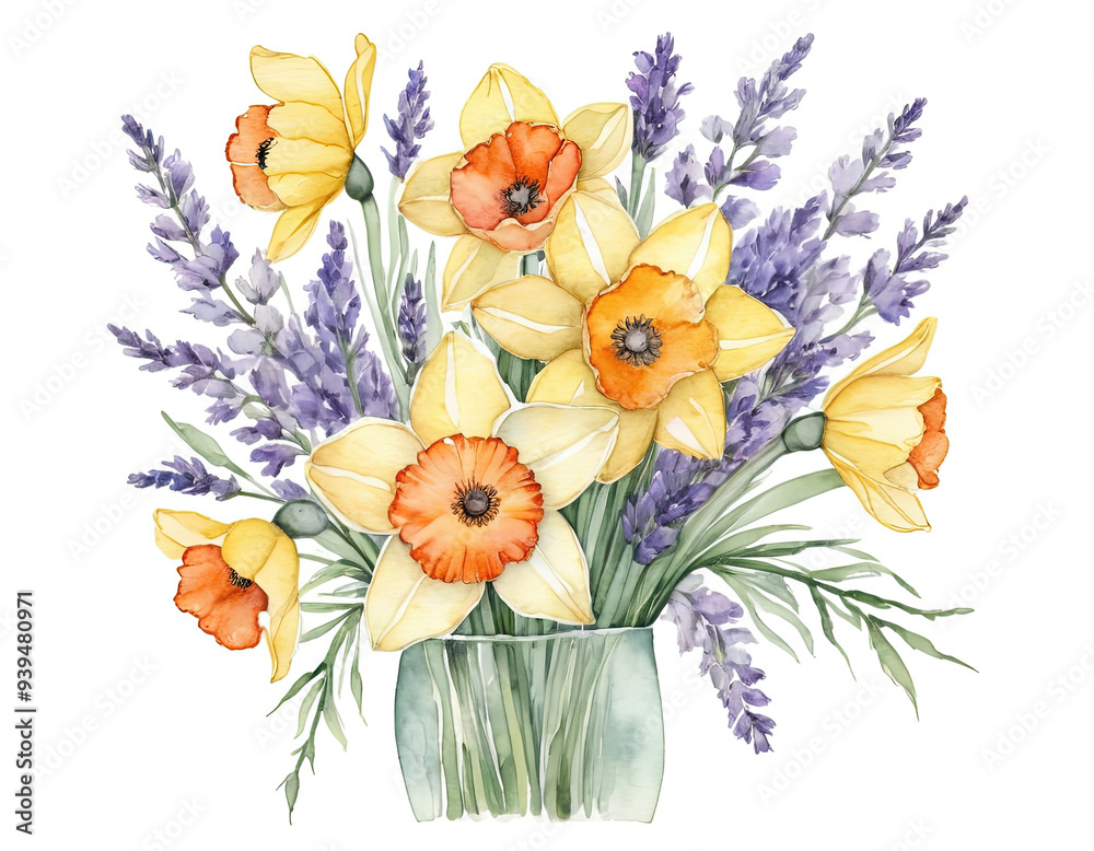 Watercolor illustration of a bouquet of yellow daffodils and purple lavender in a glass vase. Watercolor illustration of a bouquet of yellow daffodils and purple lavender in a glass vase.
