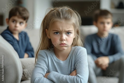 Frustrated kid girl feels upset, offended or bored ignoring avoiding worried parents and brother, little sad sister not talking to child boy after fight sulking sitting on couch, Generative AI photo