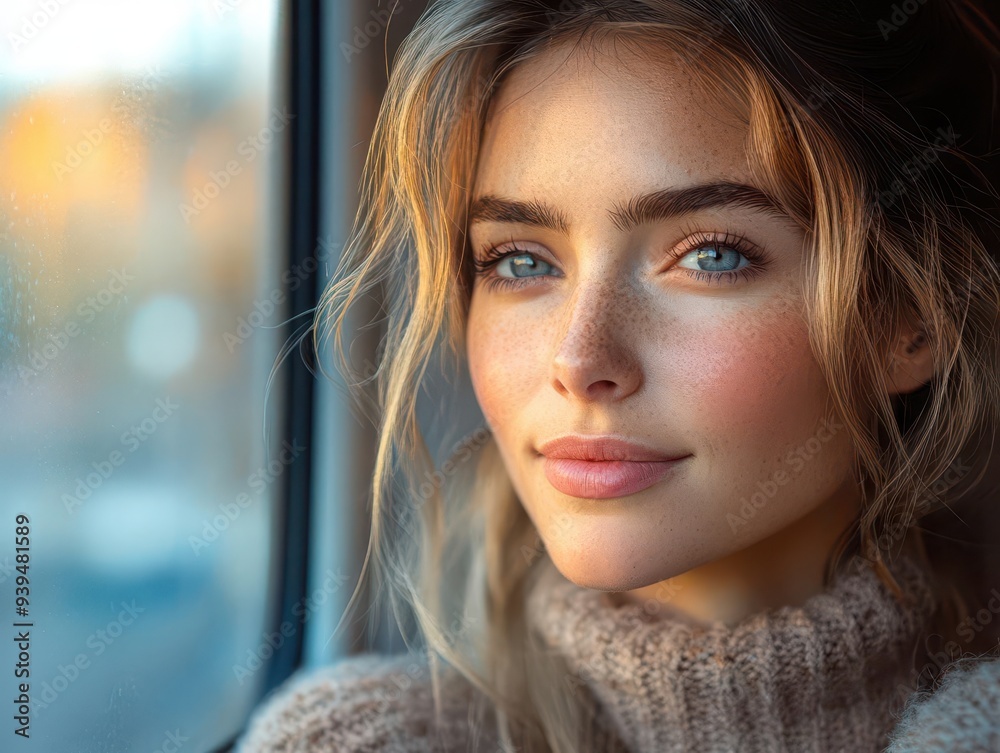 serene young woman gazing out train window soft morning light illuminating contemplative expression capturing moment of urban commute tranquility serene young woman gazing out train window soft morning light illuminating contemplative expression capturing moment of urban commute tranquility
