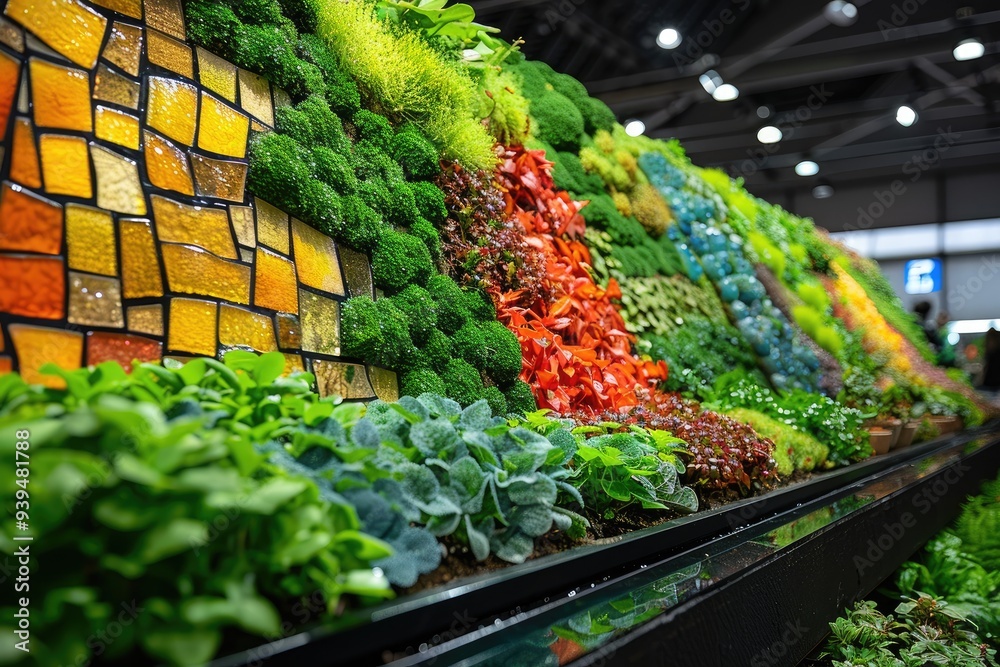 A Close-Up of a Lush Vertical Garden with a Stained Glass Panel
