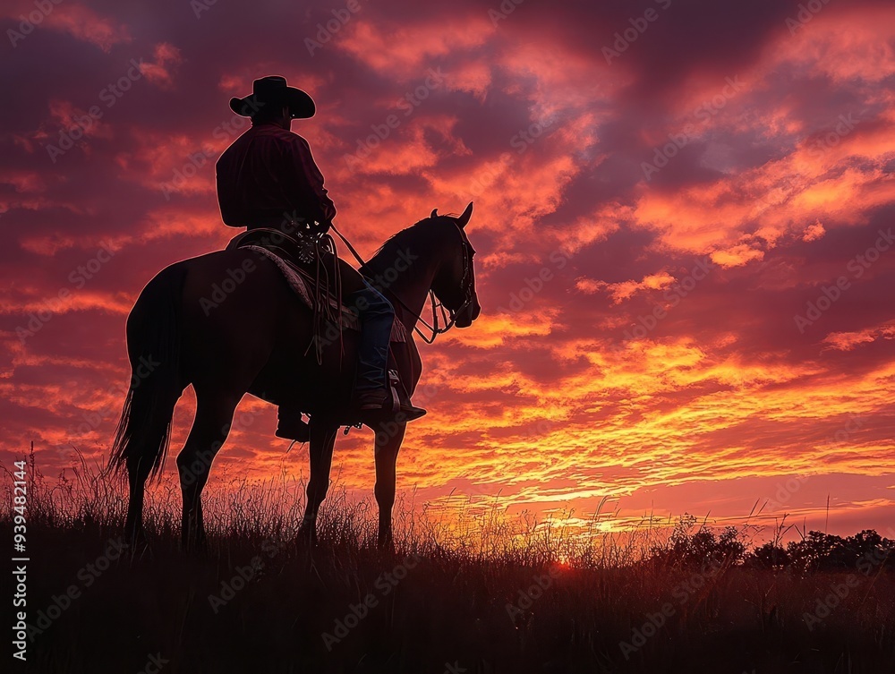 silhouette of a lone cowboy on horseback against a dramatic sunset sky with vibrant orange and purple hues over a vast prairie landscape silhouette of a lone cowboy on horseback against a dramatic sunset sky with vibrant orange and purple hues over a vast prairie landscape
