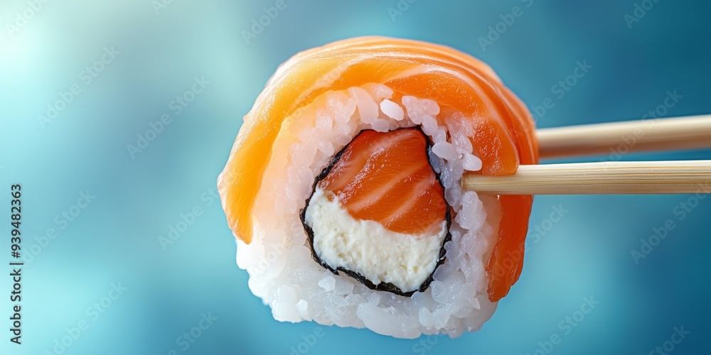 Chopsticks delicately hold a colorful salmon sushi roll against a serene blue backdrop Chopsticks delicately hold a colorful salmon sushi roll against a serene blue backdrop