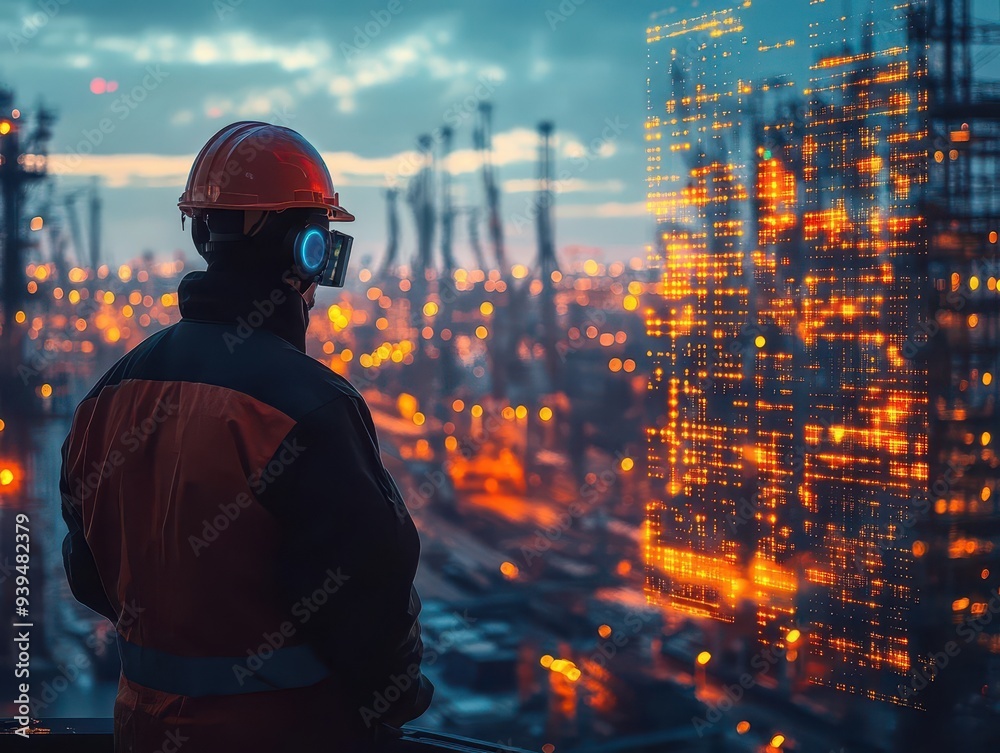 silhouette of engineer overseeing automated port with aicontrolled cranes and ships silhouette of engineer overseeing automated port with aicontrolled cranes and ships