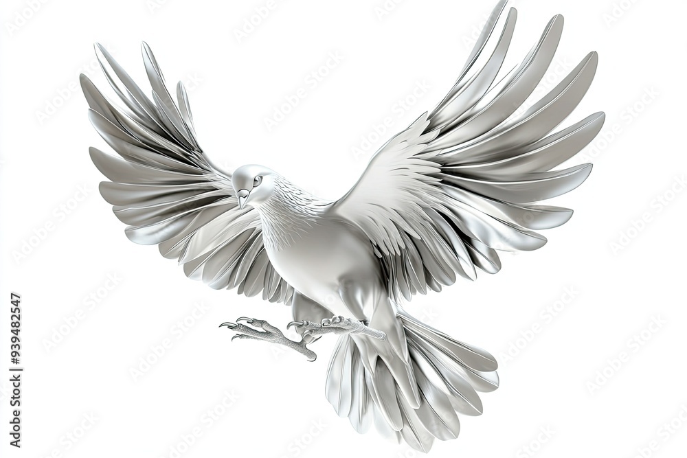 Fototapeta premium 3D illustration elegant metallic dove flying spread the wings and opening the claws isolated on white background 