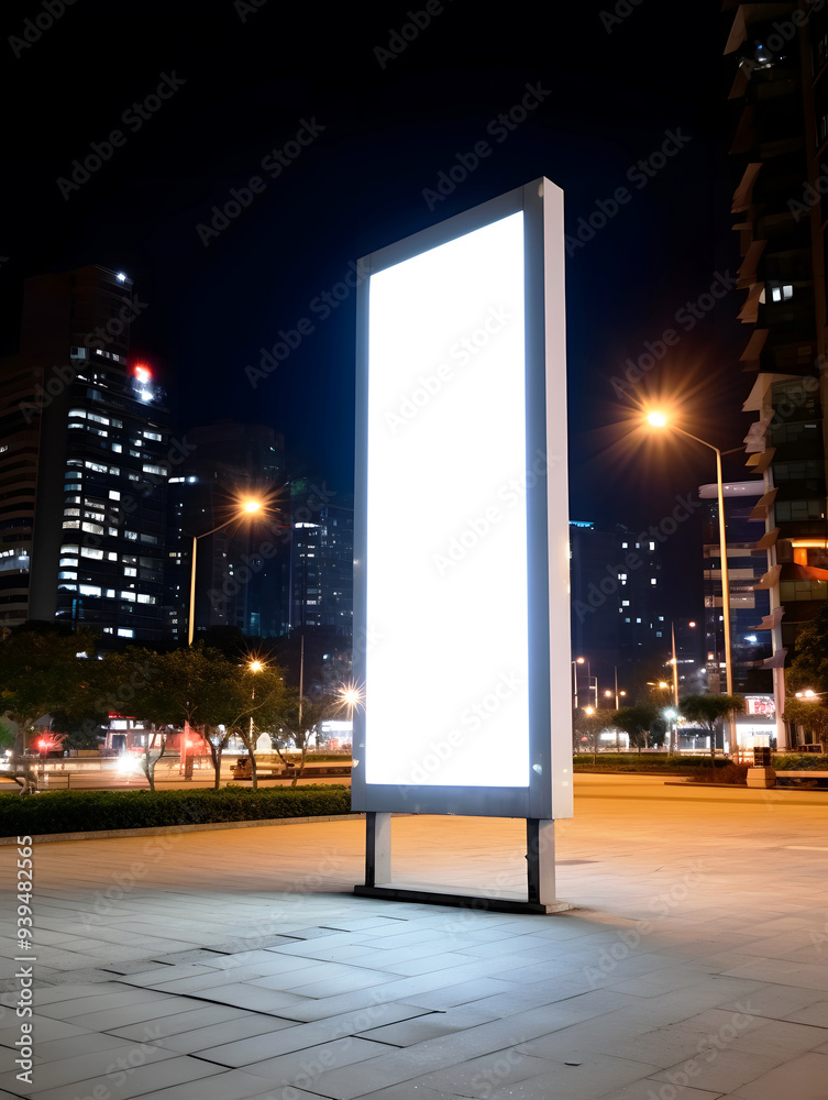 Mockup: Vertical Advertising Billboard with Blank Screen at City Bus Stop and Public Spaces. HD and High-Quality Premium Empty Billboard at Night City.
