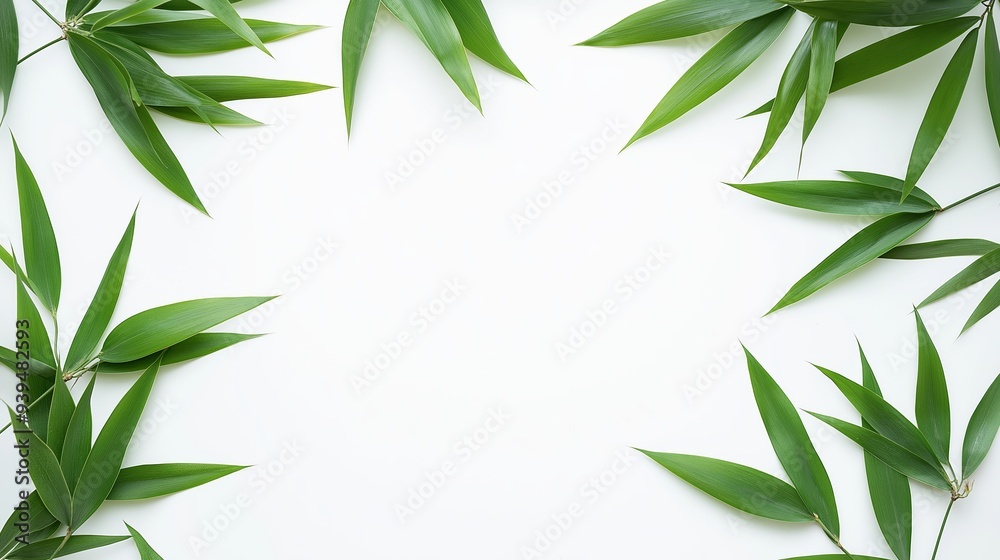 Bamboo leaves on a white backdrop with copy space image. Bamboo leaves on a white backdrop with copy space image.