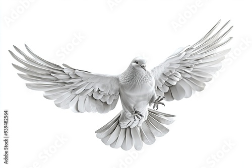 3D illustration elegant metallic dove flying spread the wings and opening the claws isolated on white background 