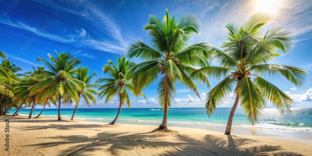 Tropical palm trees swaying on a beautiful sandy beach , palm trees, tropical, beach, vacation, paradise, relaxation, coast Tropical palm trees swaying on a beautiful sandy beach , palm trees, tropical, beach, vacation, paradise, relaxation, coast