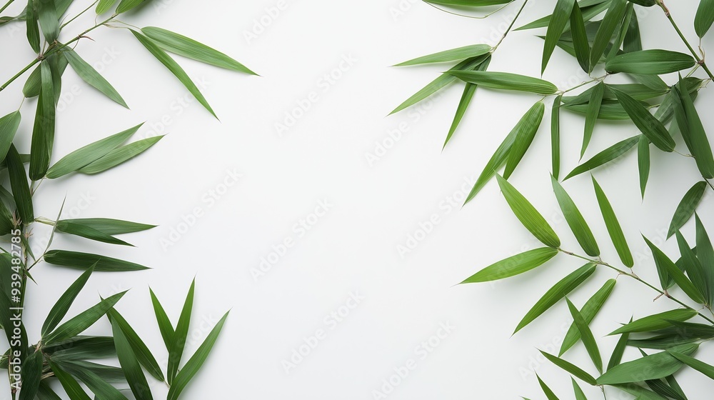 Naklejka premium Bamboo leaves on a white backdrop with copy space image.