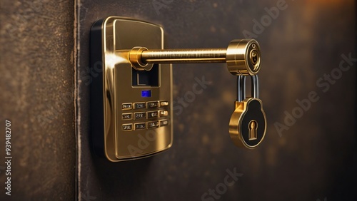 Golden digital lock on a cryptocurrency wallet. A Bitcoin and a lock in front of a Cryptocurrency Hardware Wallet .