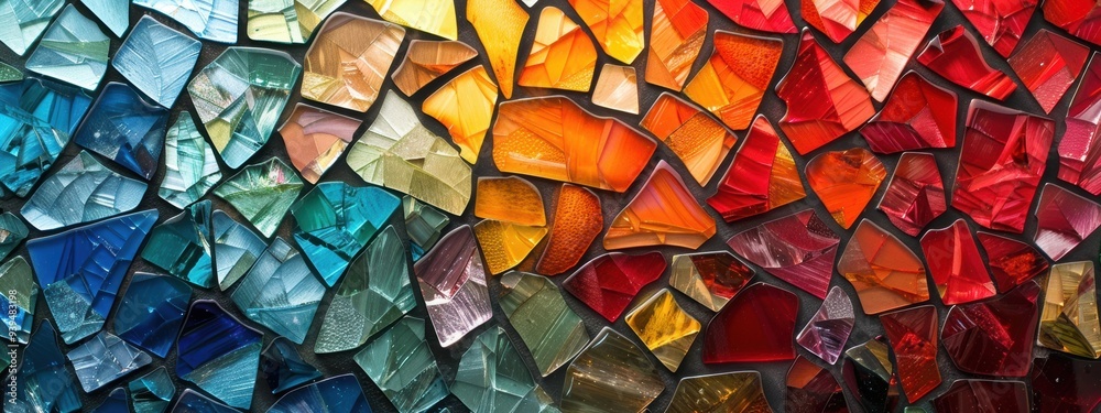 Colorful glass fragments arranged in a mosaic pattern, symbols set against a bright, contrasting background. Colorful glass fragments arranged in a mosaic pattern, symbols set against a bright, contrasting background.