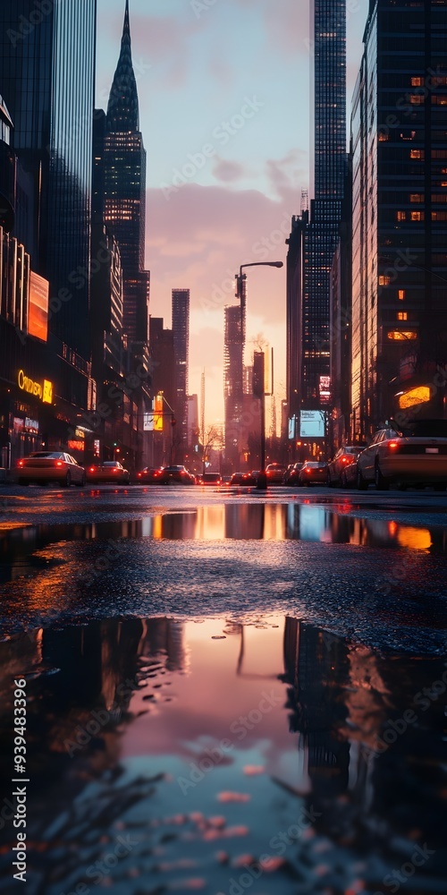 Obraz premium Vibrant Cityscape Reflecting Glowing Sunset in Puddle of Downtown Nighttime