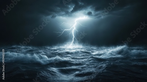 A dramatic storm scene with lightning illuminating turbulent ocean waves.
