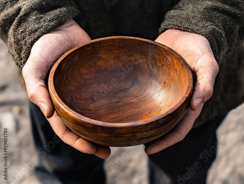 Empty Bowl Hunger. Closeup of Empty Wooden Bowl Held by Man in Charity Concept photo