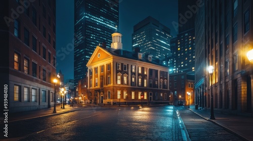 Government Boston. Night View of Old State House in Historic Boston Skyline