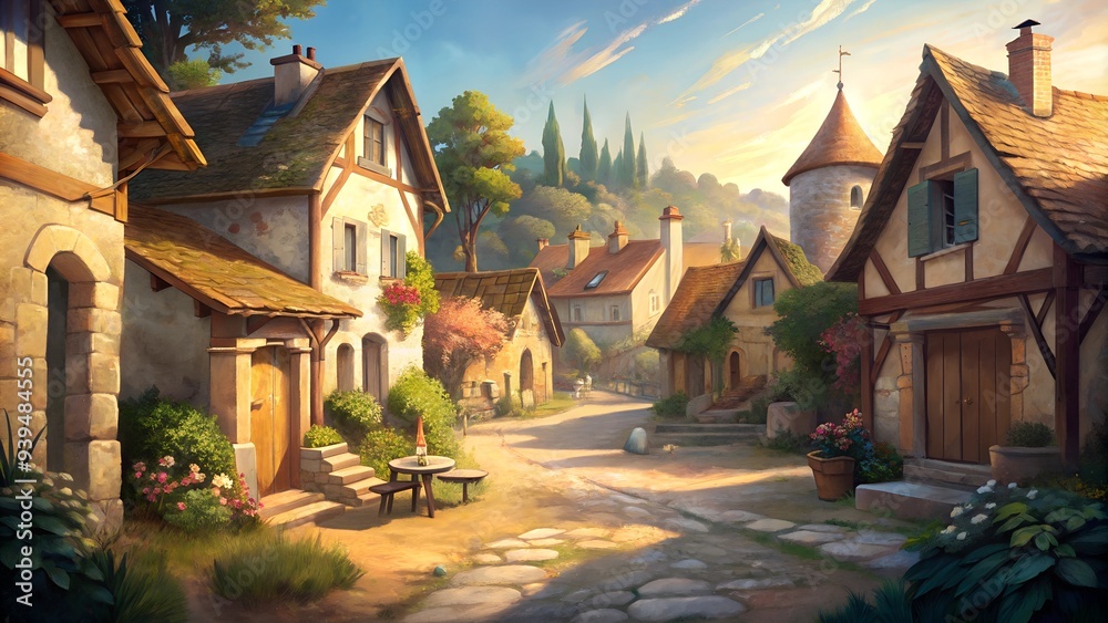 Obraz premium Picturesque Village in Countryside with Charming Cottages and Flowers in Morning Light