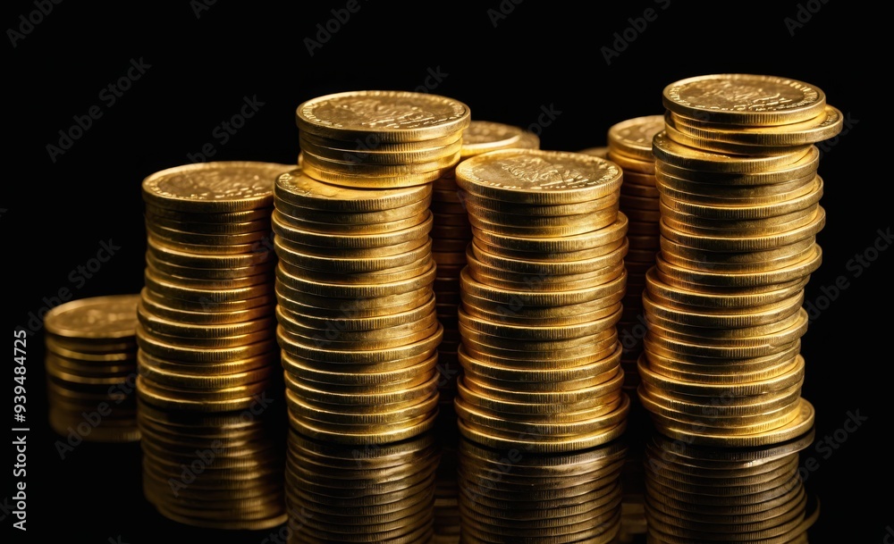 Stacks of Shiny Gold Coins on a Reflective Black Surface Stacks of Shiny Gold Coins on a Reflective Black Surface