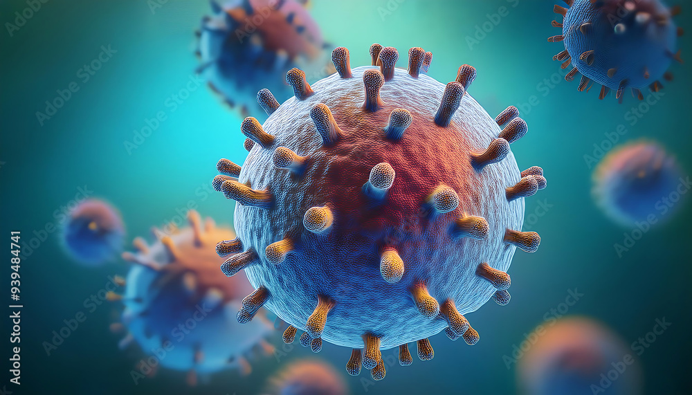 detailed microscopic monkeypox virus cell surrounded muted clinical gradient background softly blurred edges providing ample copy space detailed microscopic monkeypox virus cell surrounded muted clinical gradient background softly blurred edges providing ample copy space