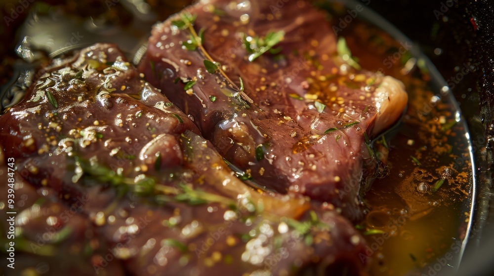 Close up of a succulent steak marinating in a flavorful beer and brown sugar blend with spices