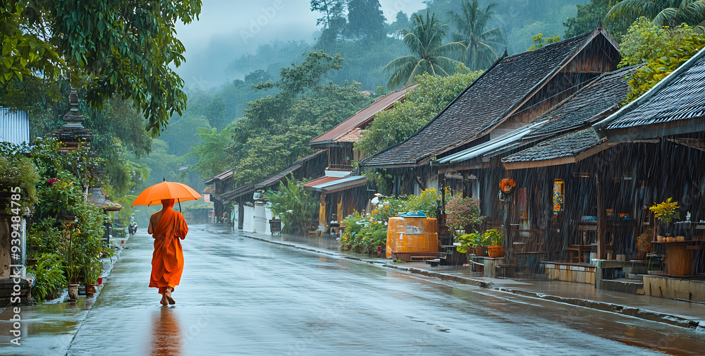 Fototapeta premium A monk in an orange robe walks along the road in Luang Prabang, 