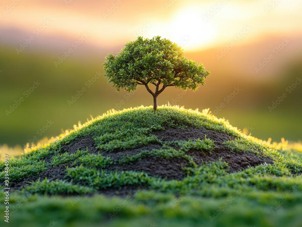 Golden sunlight bathes a lone tree in a vast field, its silhouette casting a long shadow as the morning mist slowly dissipates. Carbon Neutrality concept. Golden sunlight bathes a lone tree in a vast field, its silhouette casting a long shadow as the morning mist slowly dissipates. Carbon Neutrality concept.