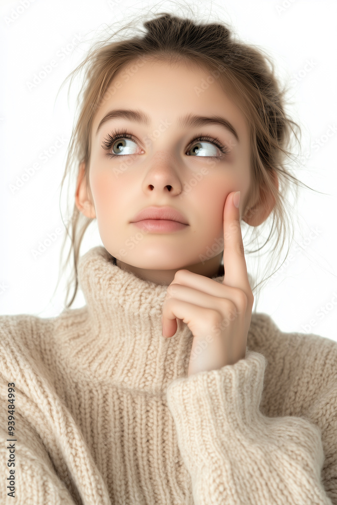 Teenage girl with a beige turtleneck sweater with her finger touching her cheekbone and looking up with a thoughtful expression Teenage girl with a beige turtleneck sweater with her finger touching her cheekbone and looking up with a thoughtful expression