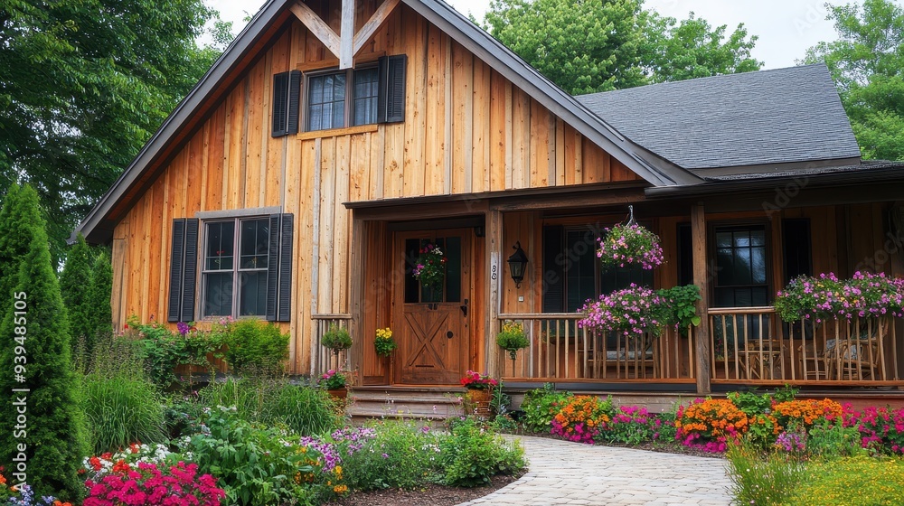 Wooden house with flower beds in the yard of a country house
Wooden house with flower beds in the yard of a country house