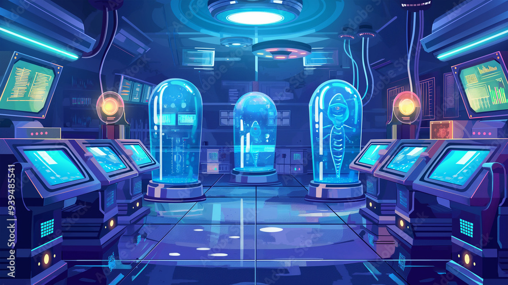 Obraz premium The Futuristic science lab with space aliens in cryogenic capsules, game background, Illustration