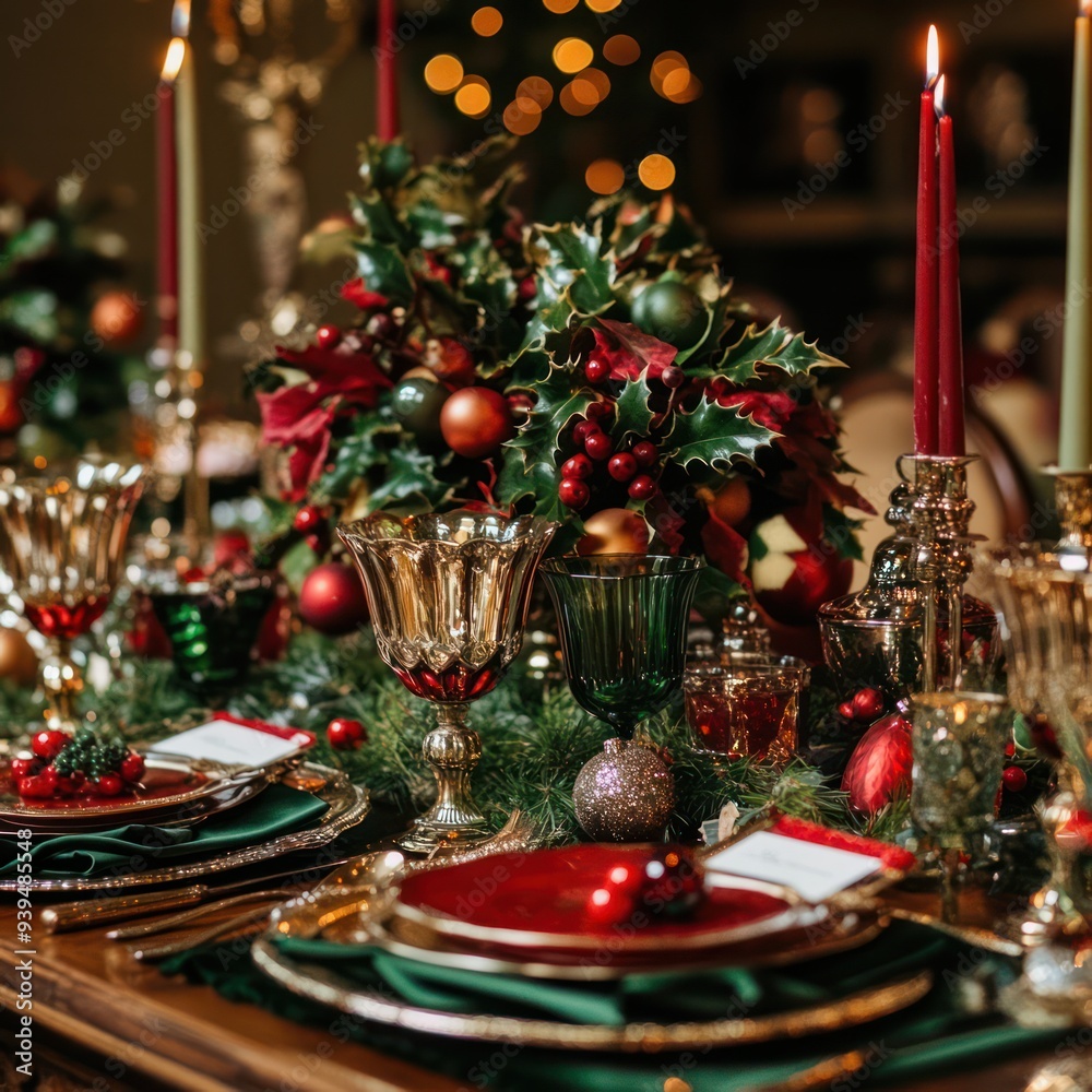 A beautifully set table for a Christmas feast, featuring a centerpiece of holly and candles, along with place settings in red, green, and gold. A beautifully set table for a Christmas feast, featuring a centerpiece of holly and candles, along with place settings in red, green, and gold.