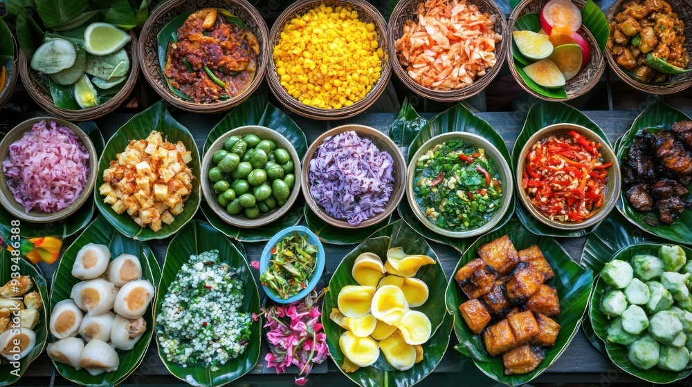A colorful array of Thai dishes, presented on banana leaves A colorful array of Thai dishes, presented on banana leaves