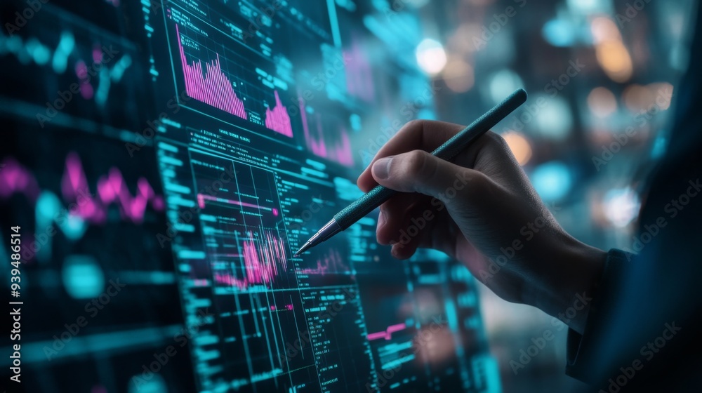 Financial analyst with a digital pen drawing on a holographic graph projection Financial analyst with a digital pen drawing on a holographic graph projection