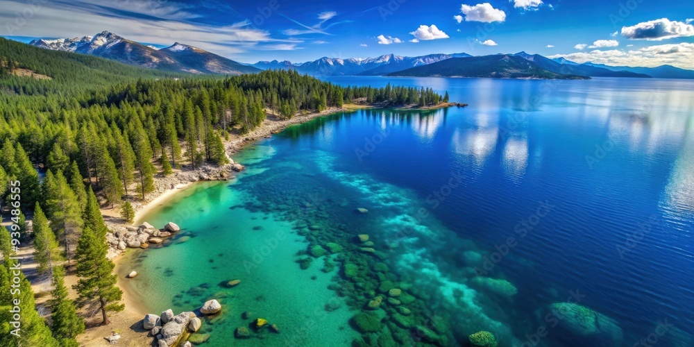 Aerial view of the beautiful shore at Lake Tahoe, California, drone, view, shore, Lake Tahoe, California, aerial, water