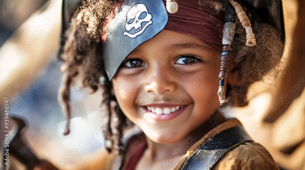 Fototapeta premium Cheerful Child Dressed as Pirate with Eye Patch and Toy Sword Smiling at Camera