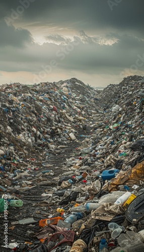 A vast landfill filled with towering waste mounds under a grey sky showcasing recycling failures photo