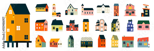 Residential and city houses flat cartoon illustrations. City architecture, stores retro and modern buildings. Exterior set