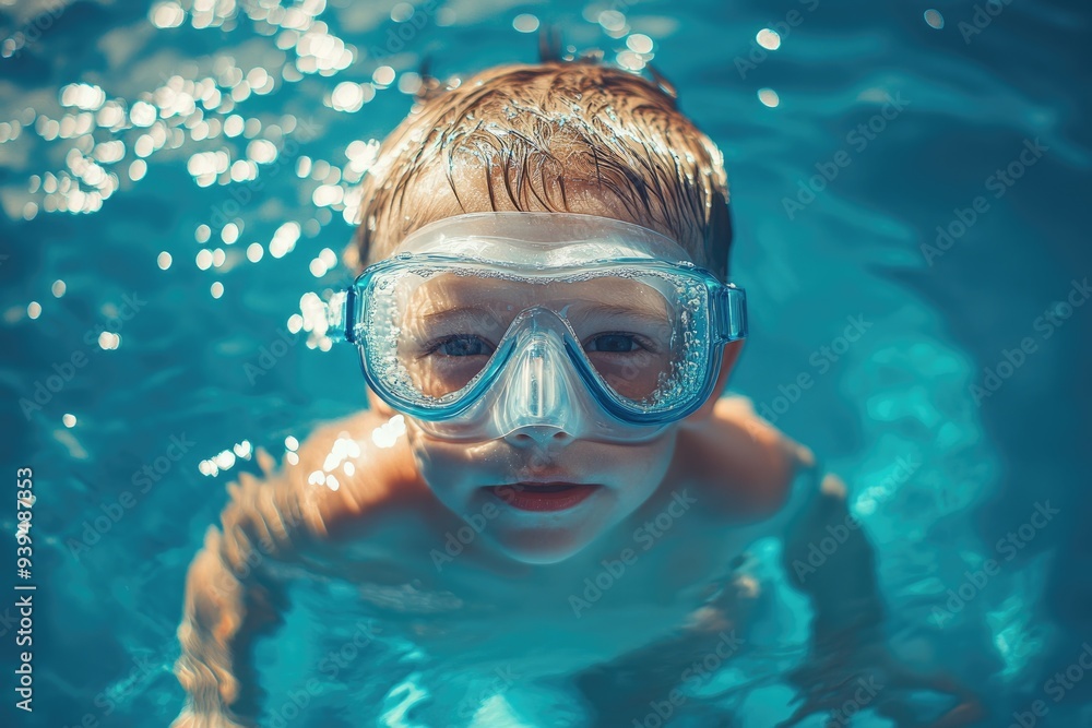 Naklejka premium Masque Enfant: Relaxing Boy Toddler with Mask and Goggles in Pool