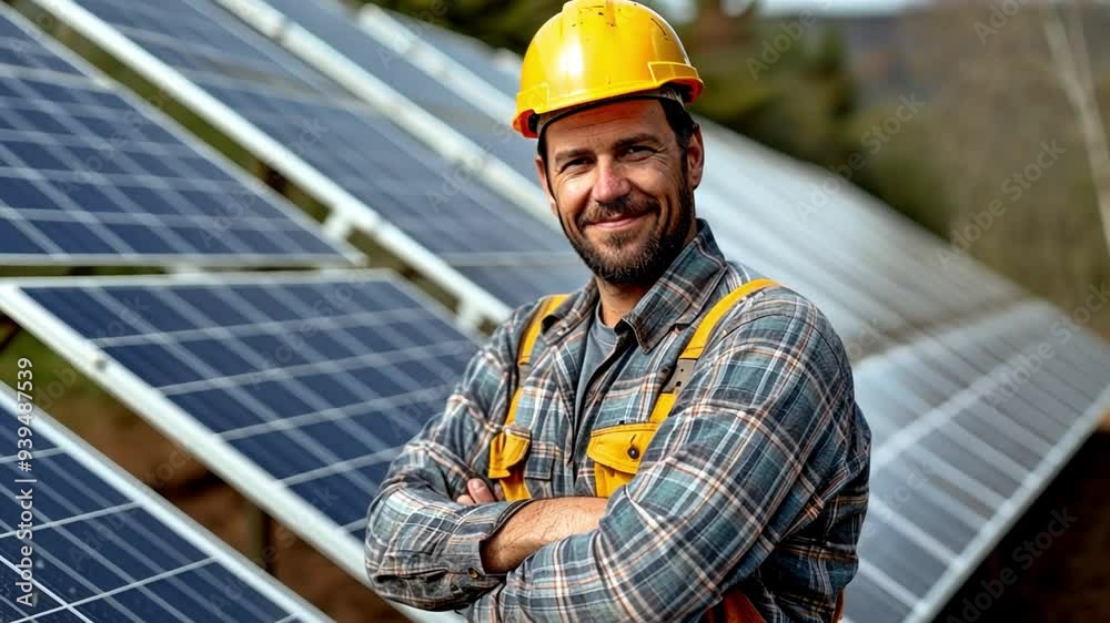 a male Latino engineer with solar panels in the background a male Latino engineer with solar panels in the background
