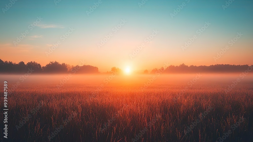Serene sunrise casting light over a misty field perfect for calming wallpaper backgrounds Serene sunrise casting light over a misty field perfect for calming wallpaper backgrounds